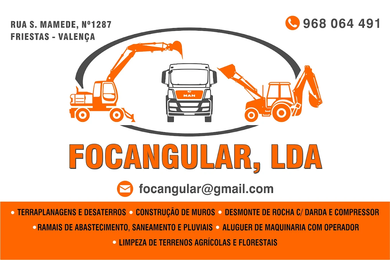 Logótipo Focangular, Lda., com escavadora, camião e retroescavadora em laranja e cinzento