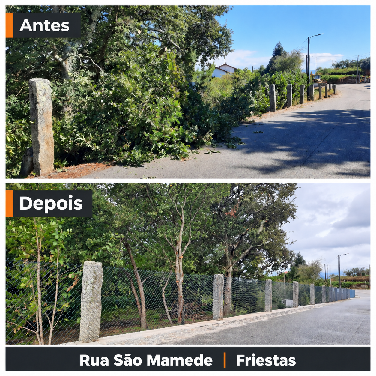 Antes e depois da intervenção junto à vedação na Rua São Mamede, em Friestas