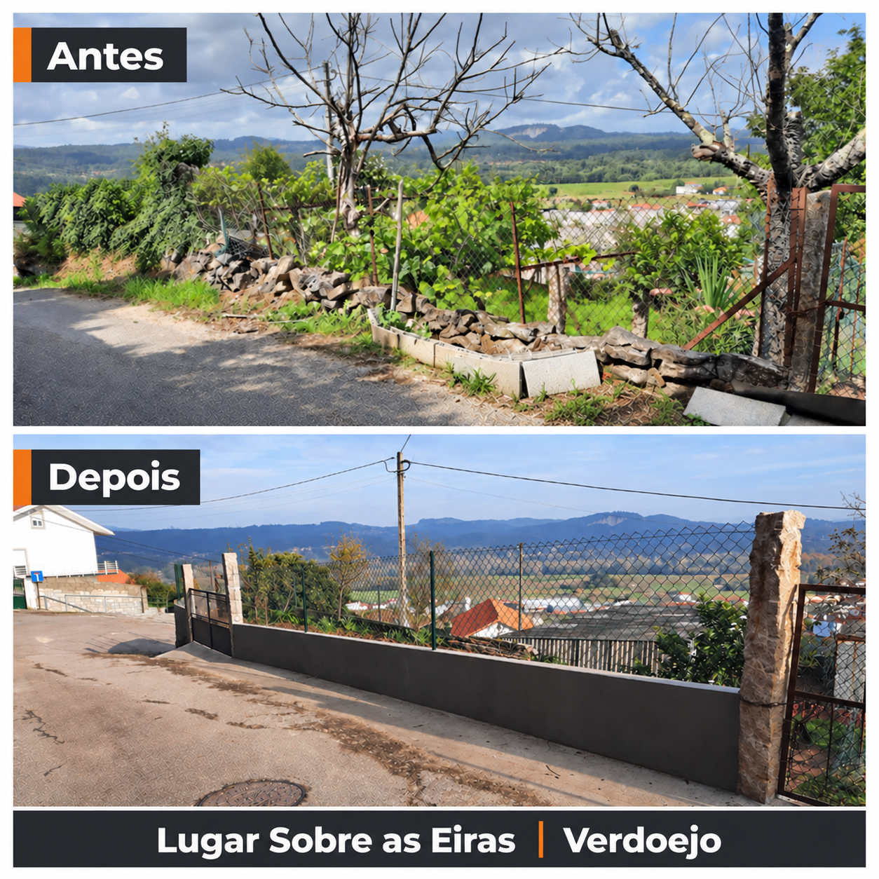 Antes e depois da intervenção junto à vedação na Lugar Sobre as Eiras, em Verdoejo